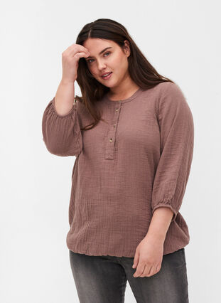 Cotton blouse with buttons and 3/4 sleeves, Deep Taupe, Model image number 0