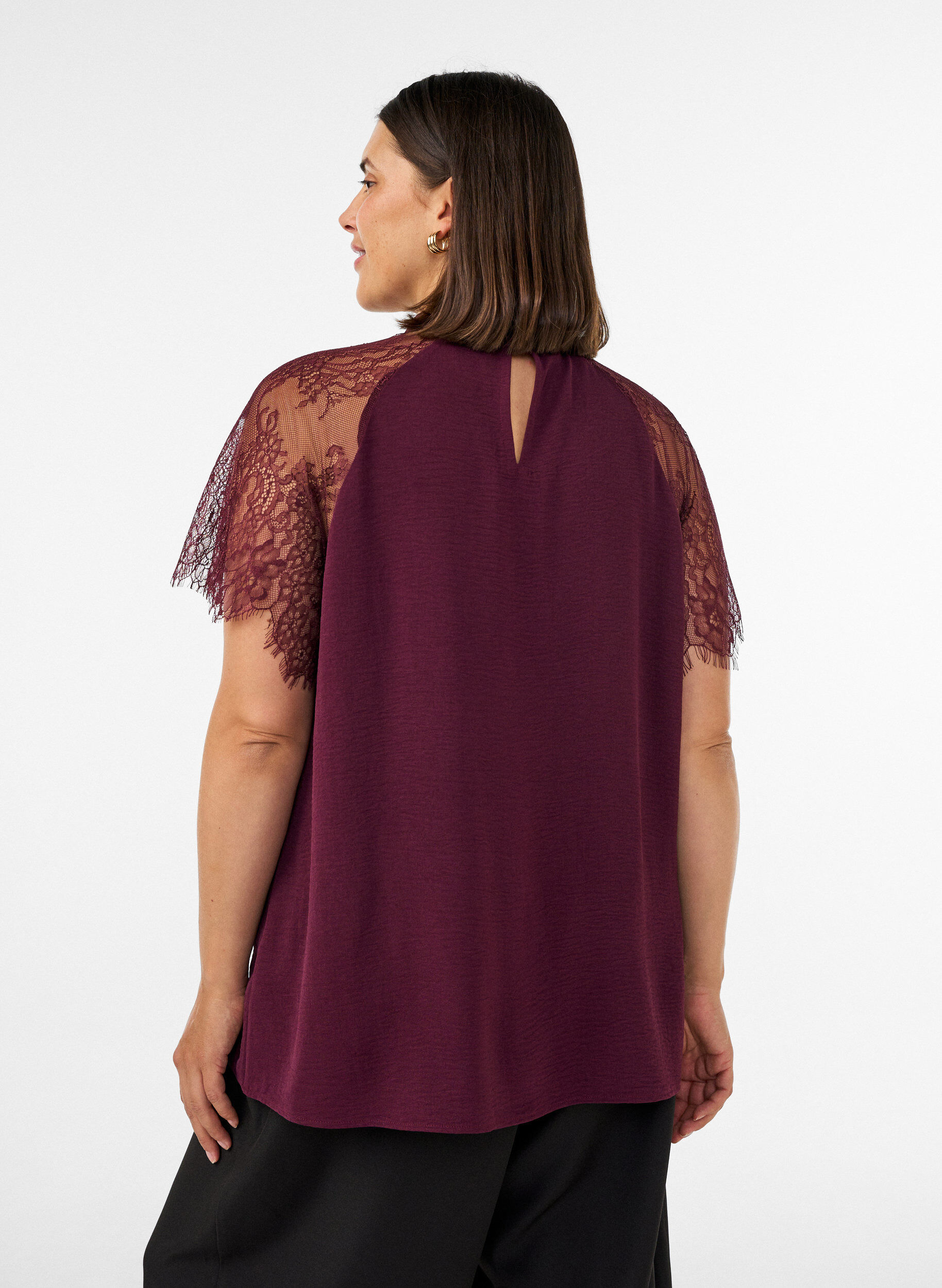 ZizzifashionBlouse with short lace sleeves and high neck, Red, Model image number 2