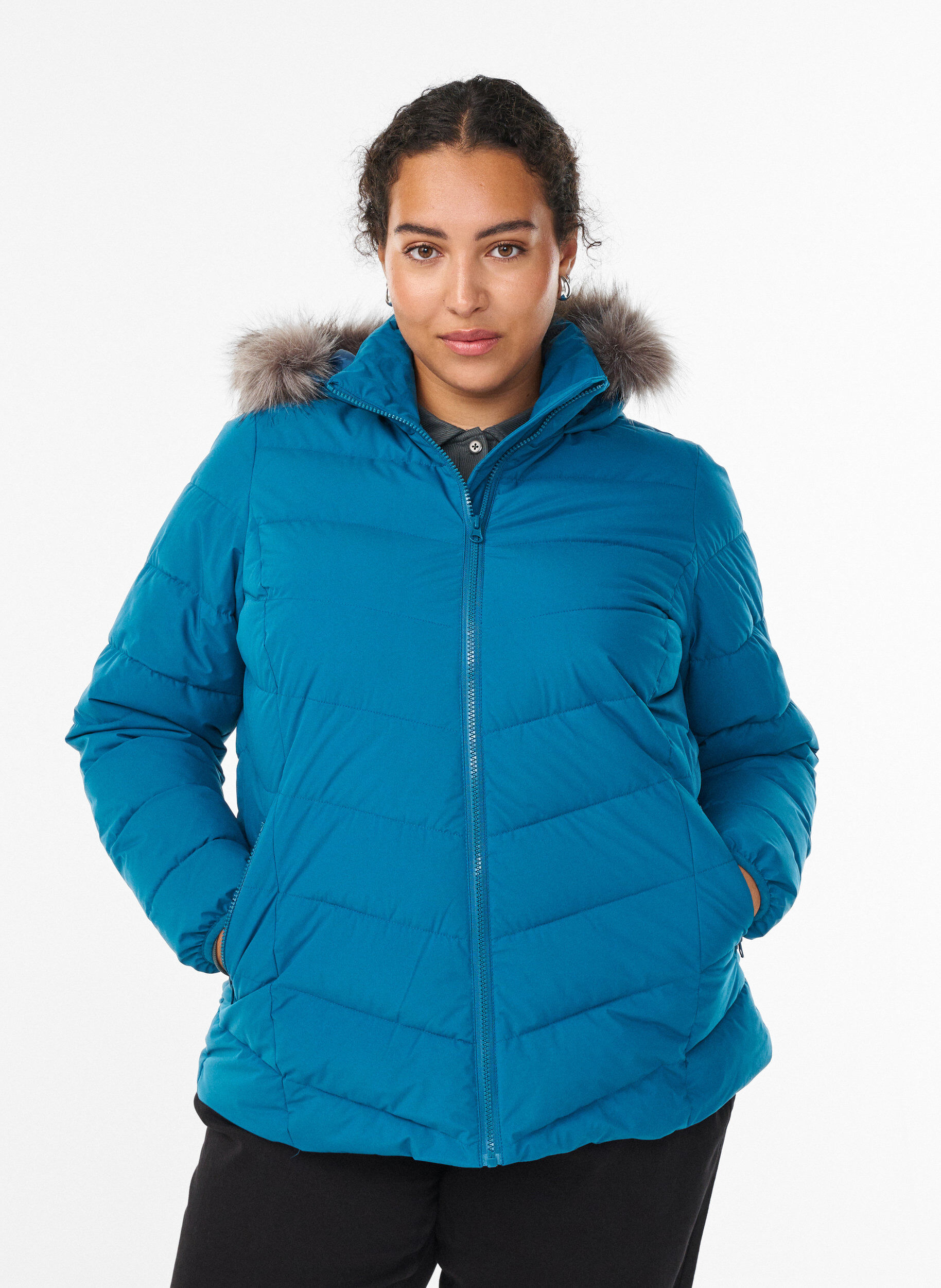 Short puffer jacket with hood, Petrol, Model