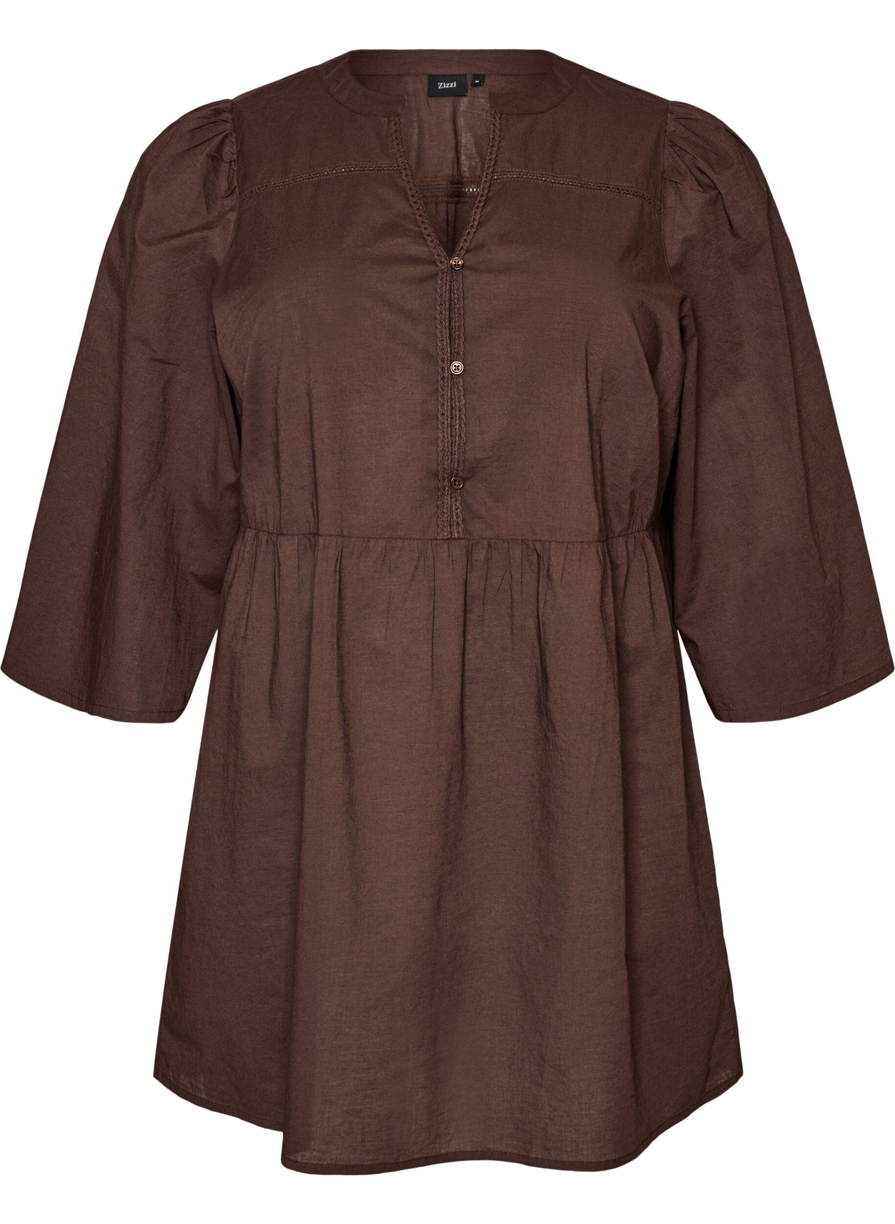 Zizzifashion Cotton tunic with a V-neck and crochet trim, Brown, Packshot image number 0