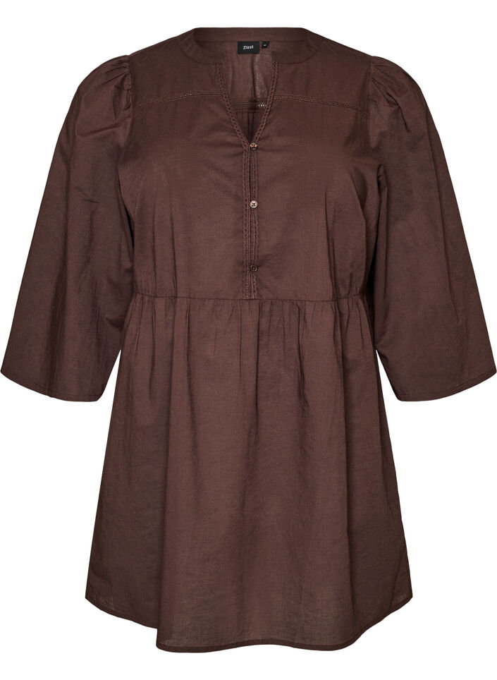 Cotton tunic with a V-neck and crochet trim, Brown, Packshot image number 0