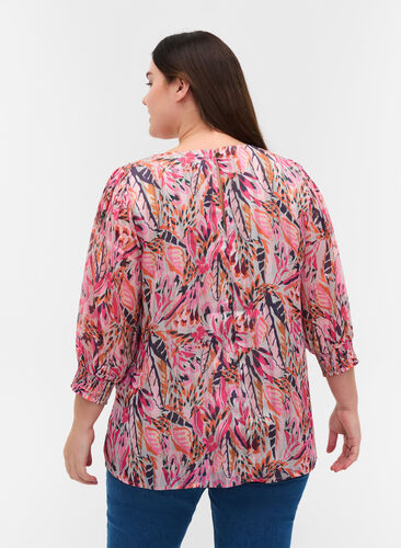 Printed blouse with v-neck and 3/4 sleeves, Pink Feather, Model image number 1