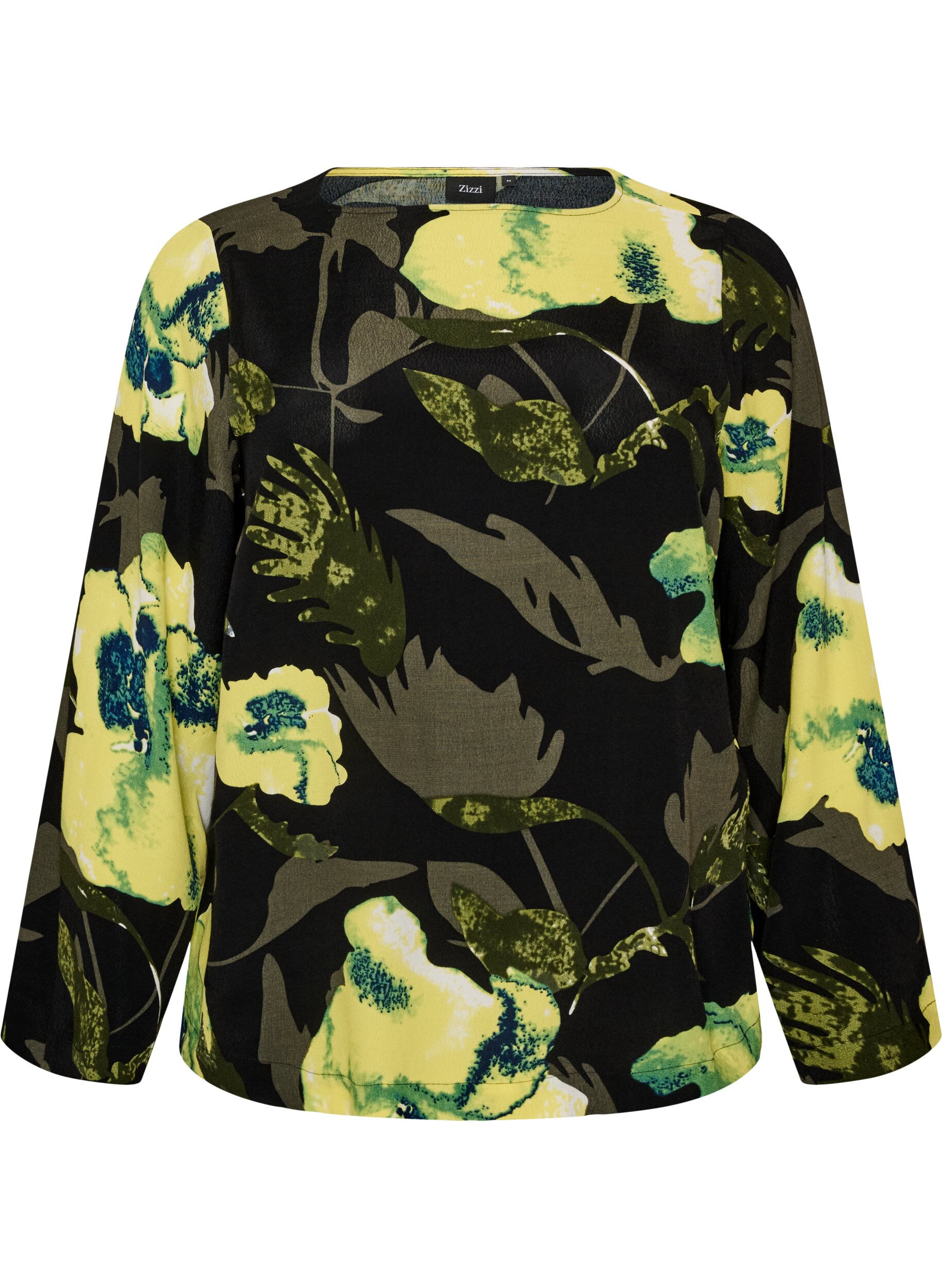 ZizzifashionFloral blouse with a boat neck and wide sleeves, Black, Packshot image number 0