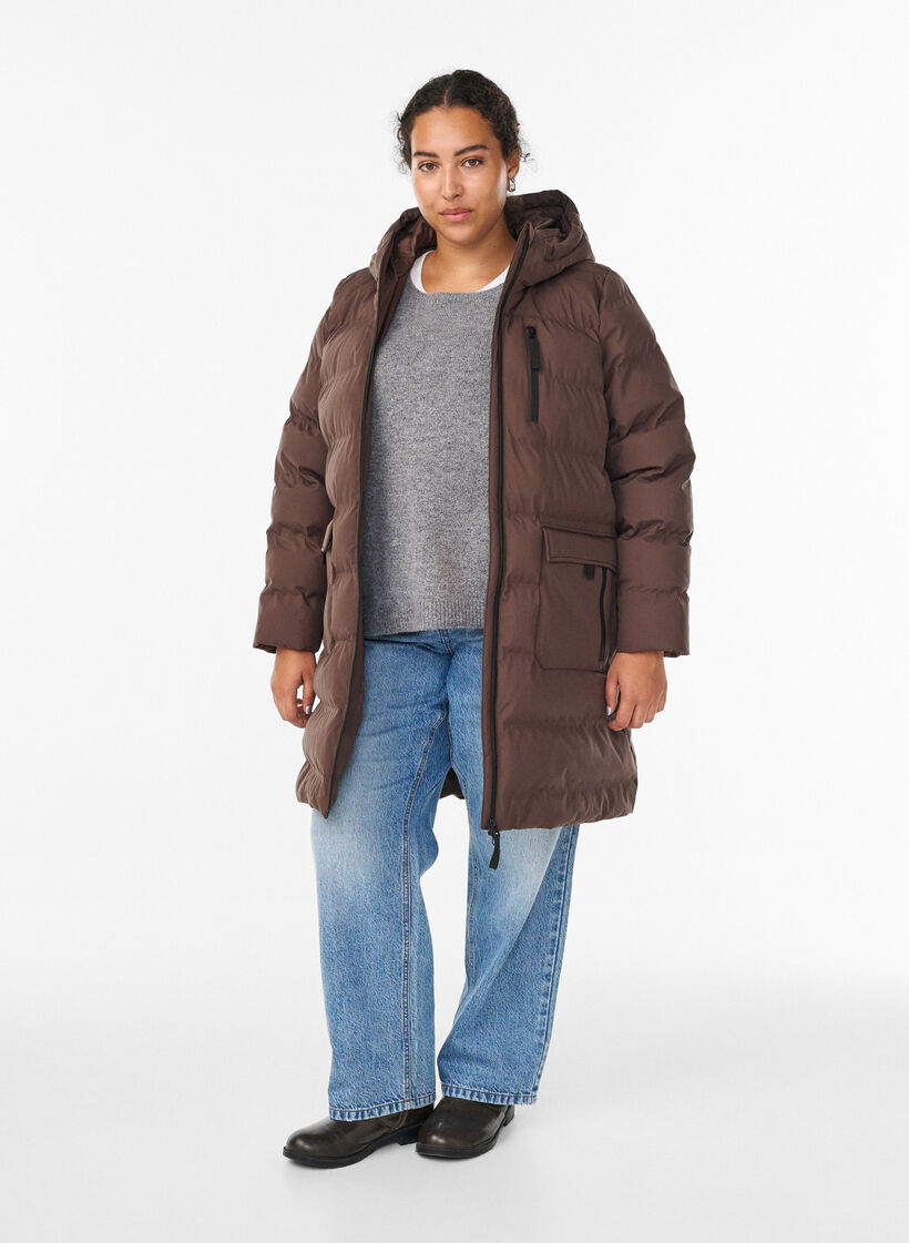 Puffer coat with hood and pockets, Brown, Model image number 1