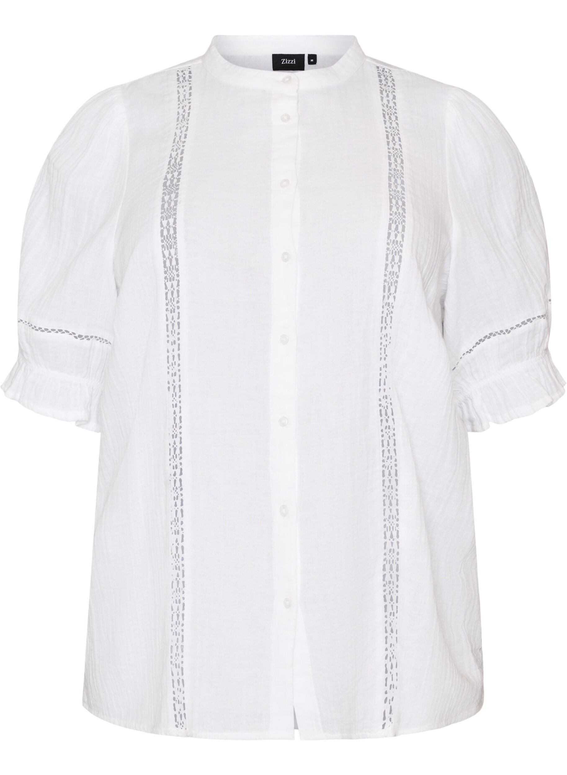 Zizzifashion Short-sleeved cotton muslin blouse with crochet trim, White, Packshot image number 0