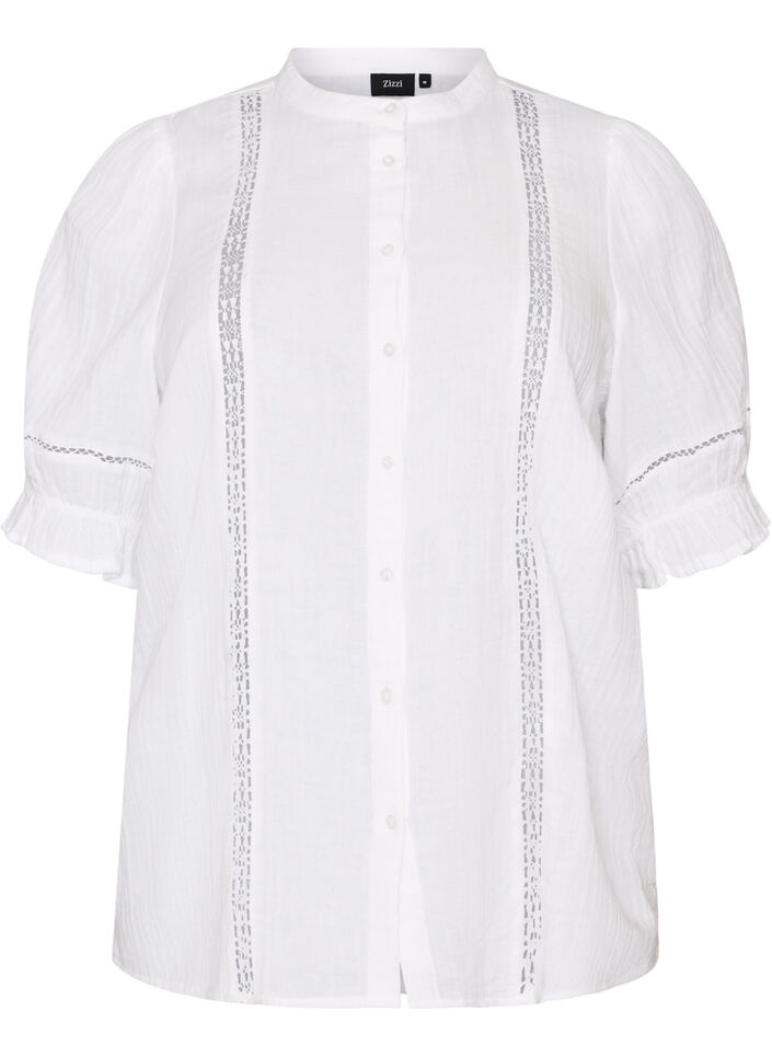 Short-sleeved cotton muslin blouse with crochet trim, White, Packshot image number 0