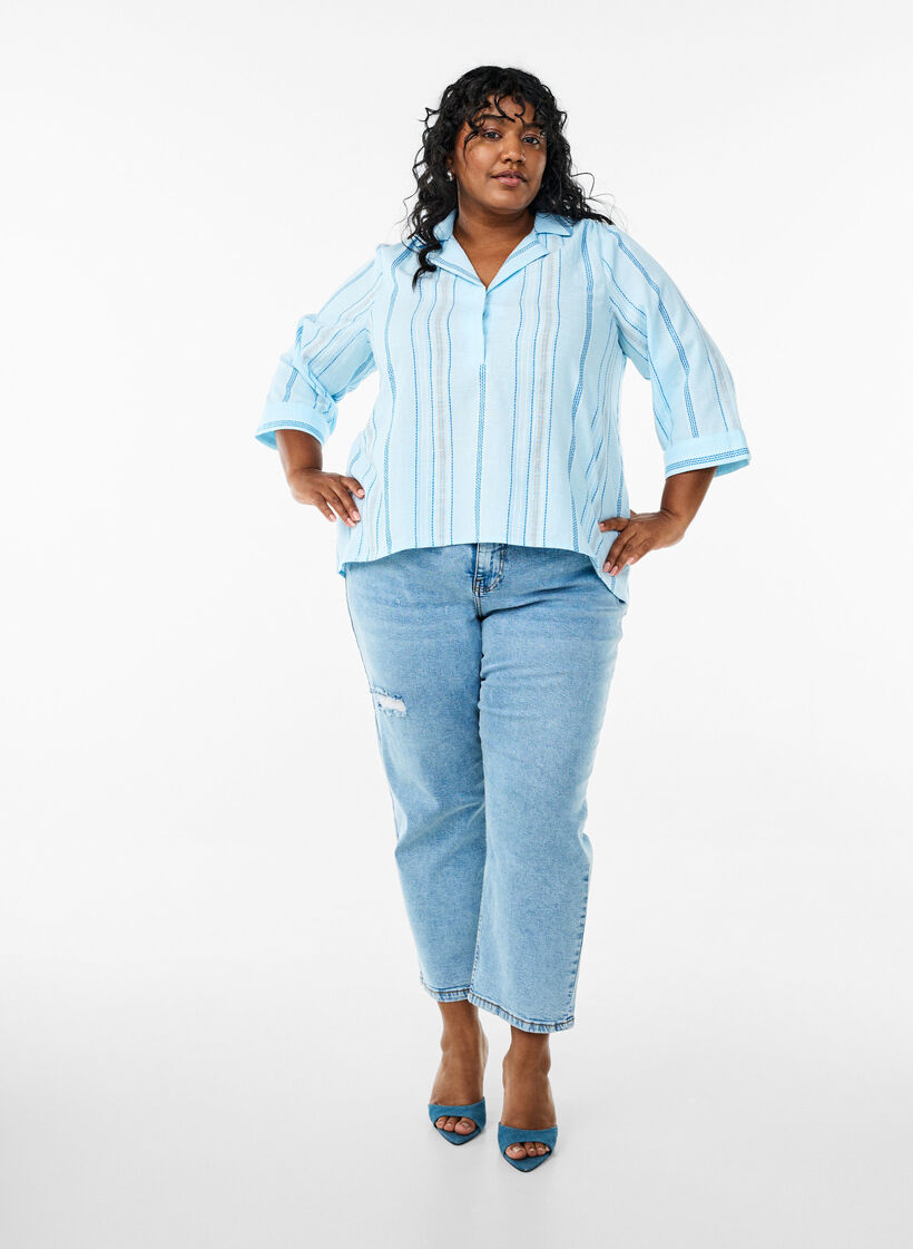 Blouse with collar and 3/4 sleeves, Light Blue, Model image number 1