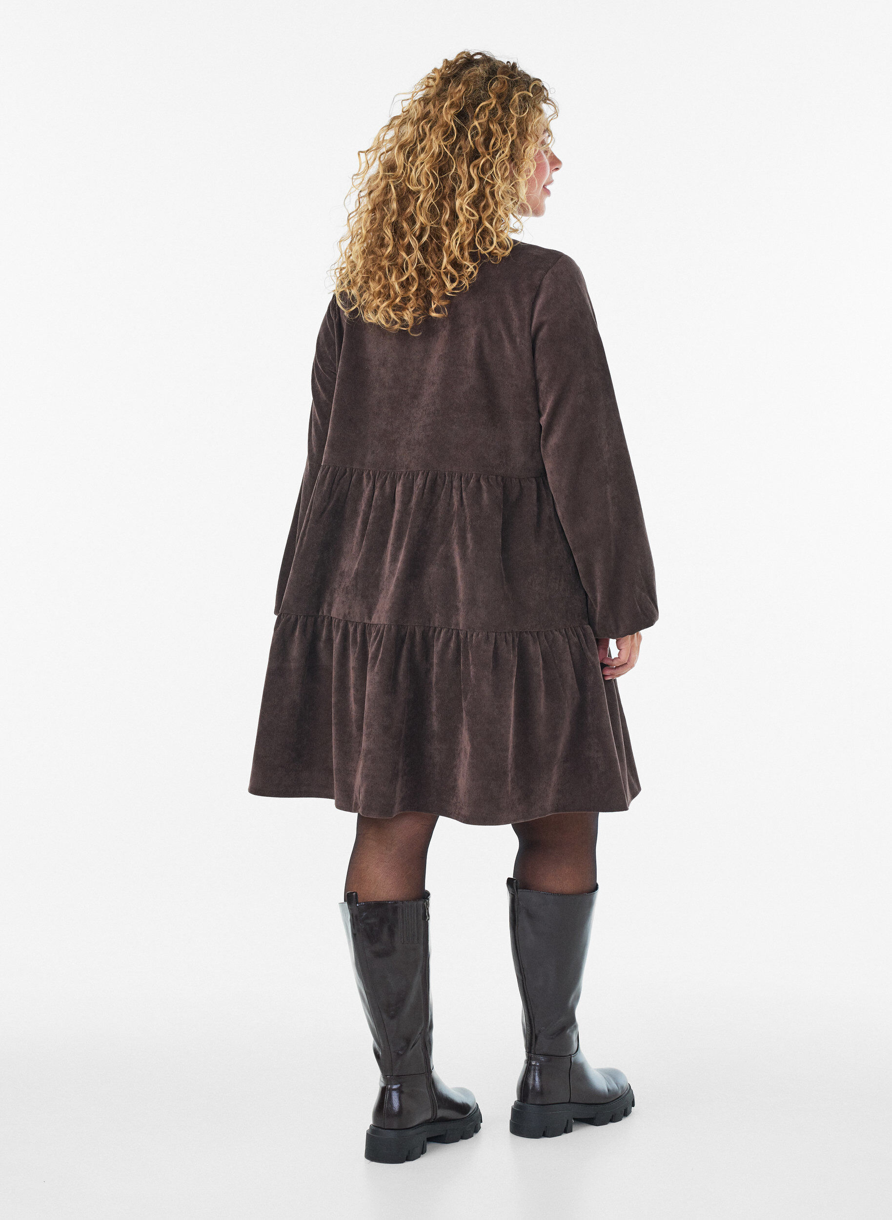 ZizzifashionCorduroy dress with A-line shape and stand collar, Brown, Model image number 2
