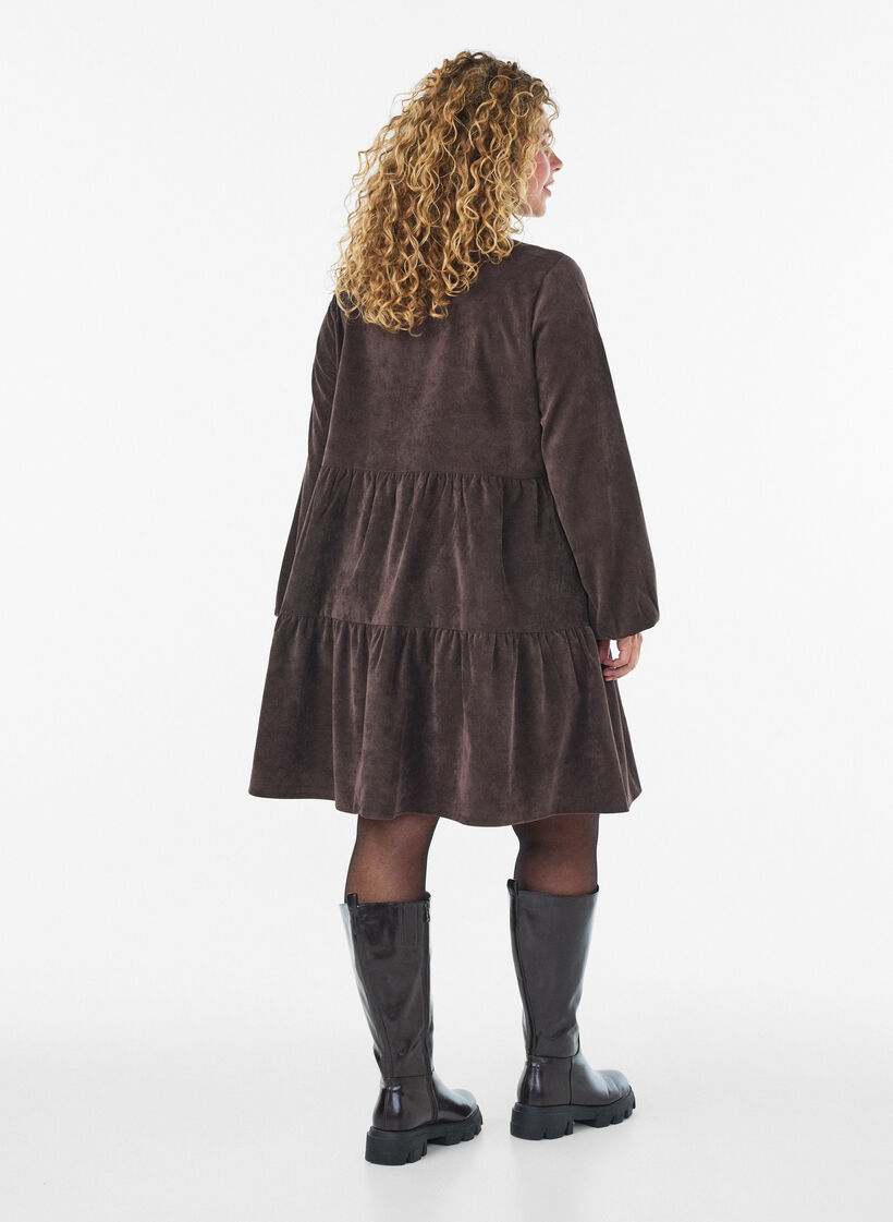 Corduroy dress with A-line shape and stand collar, Brown, Model image number 2