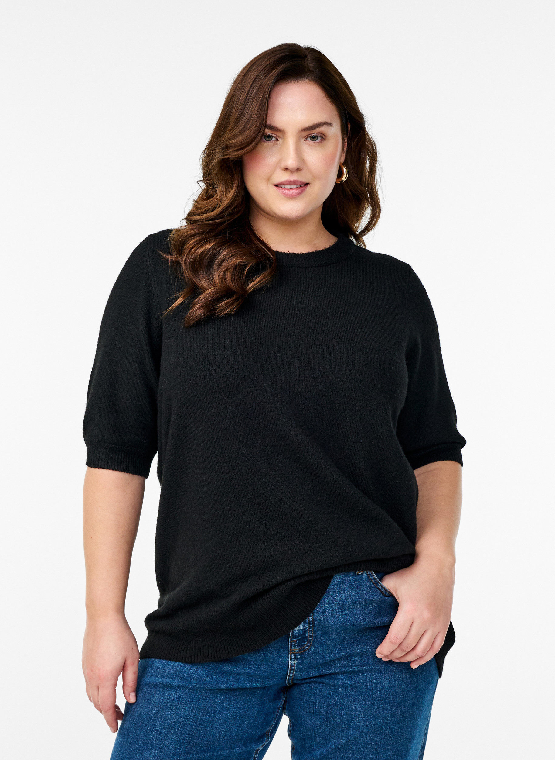 Knitted blouse with short sleeves, Black, Model
