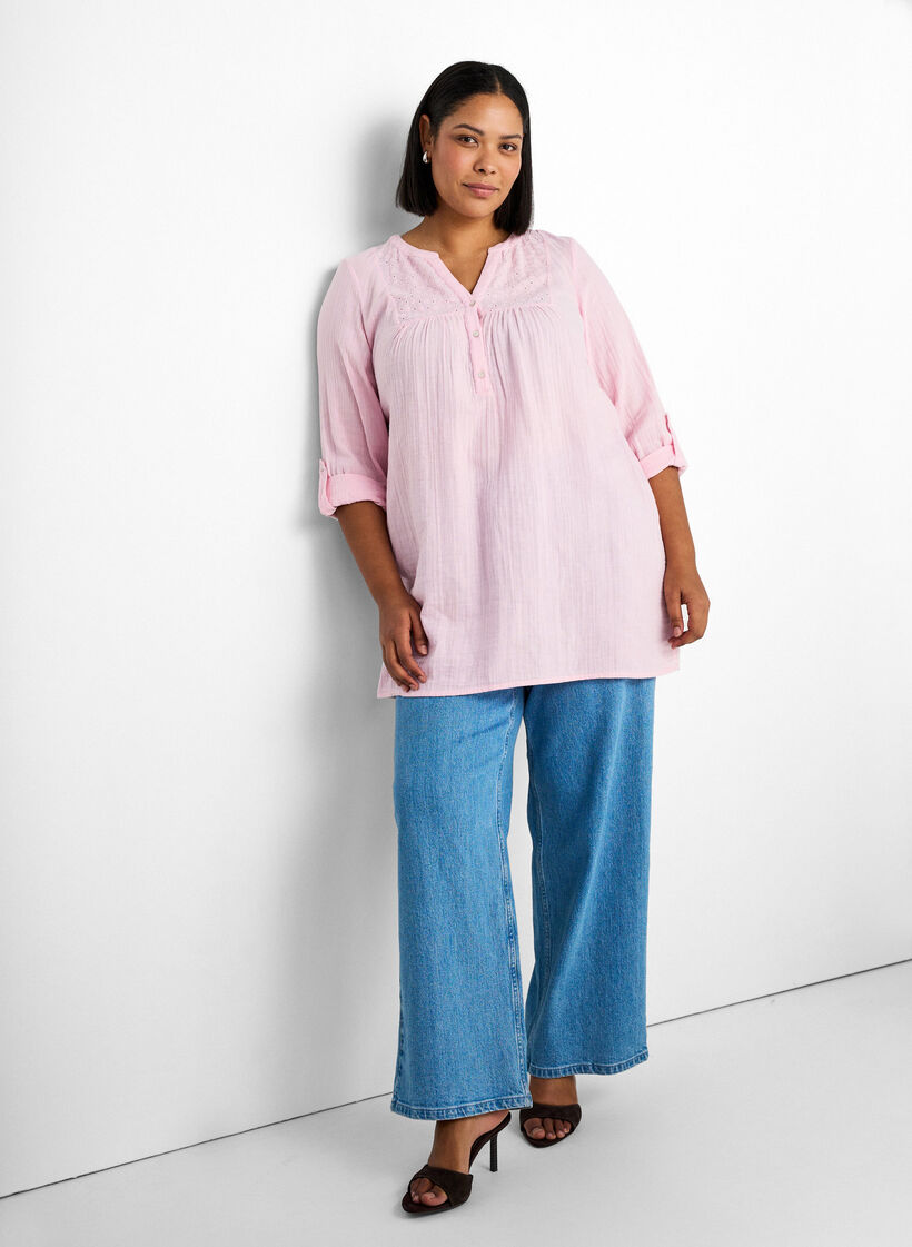 Cotton muslin tunic with broderie anglaise, Rose, Image image number 0