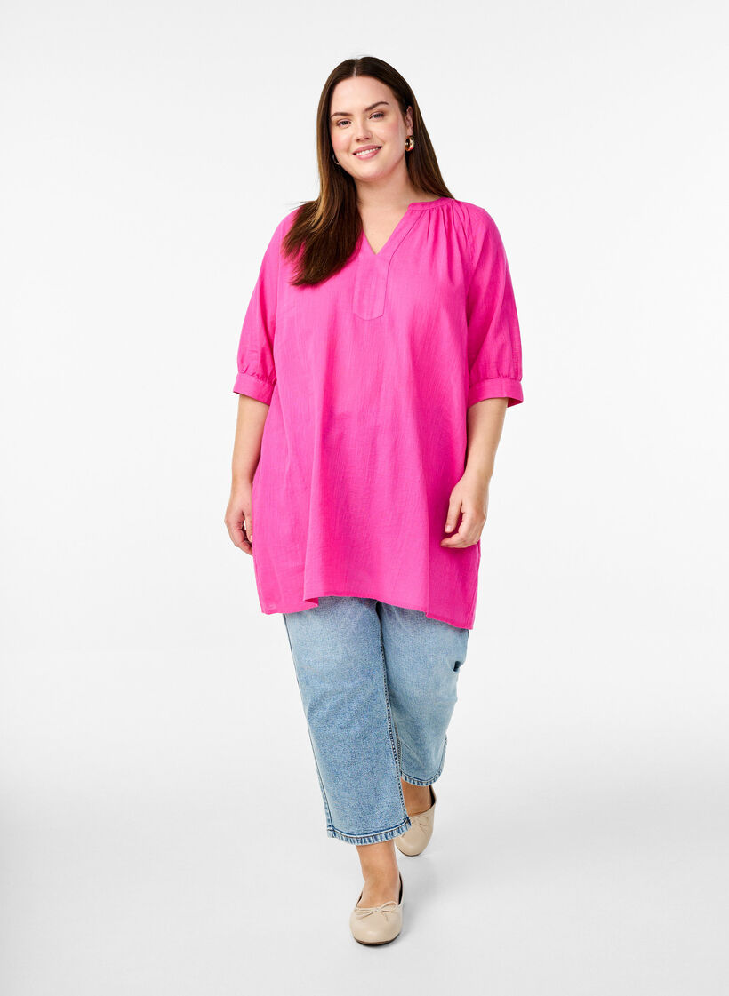 Cotton tunic with a V-neck, Rose, Model image number 1