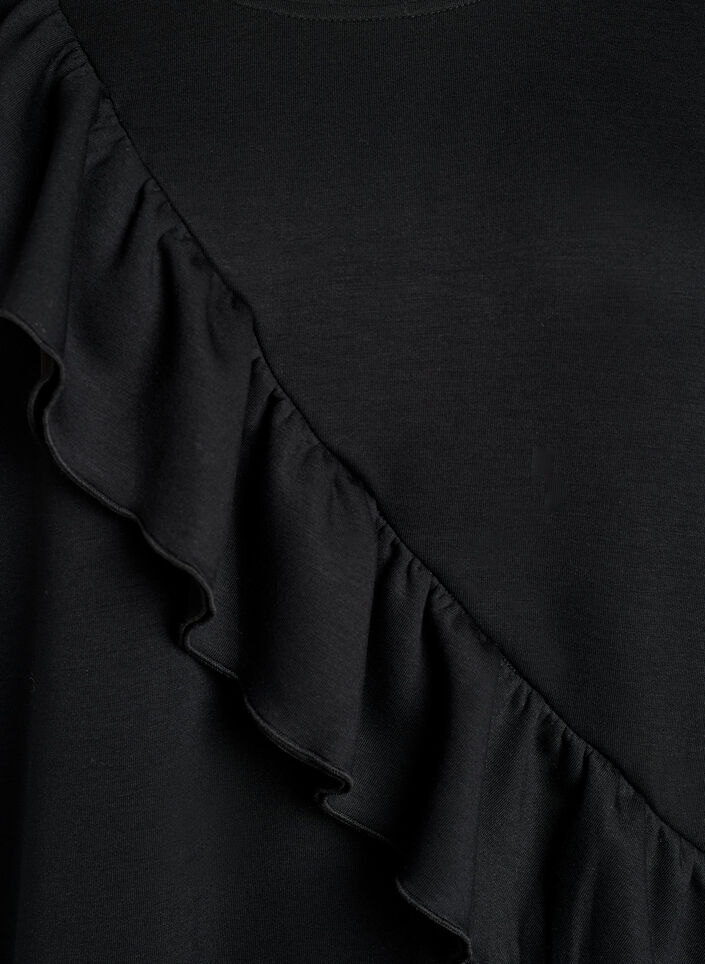 Jersey blouse with a diagonal ruffle detail, Black, Packshot image number 2