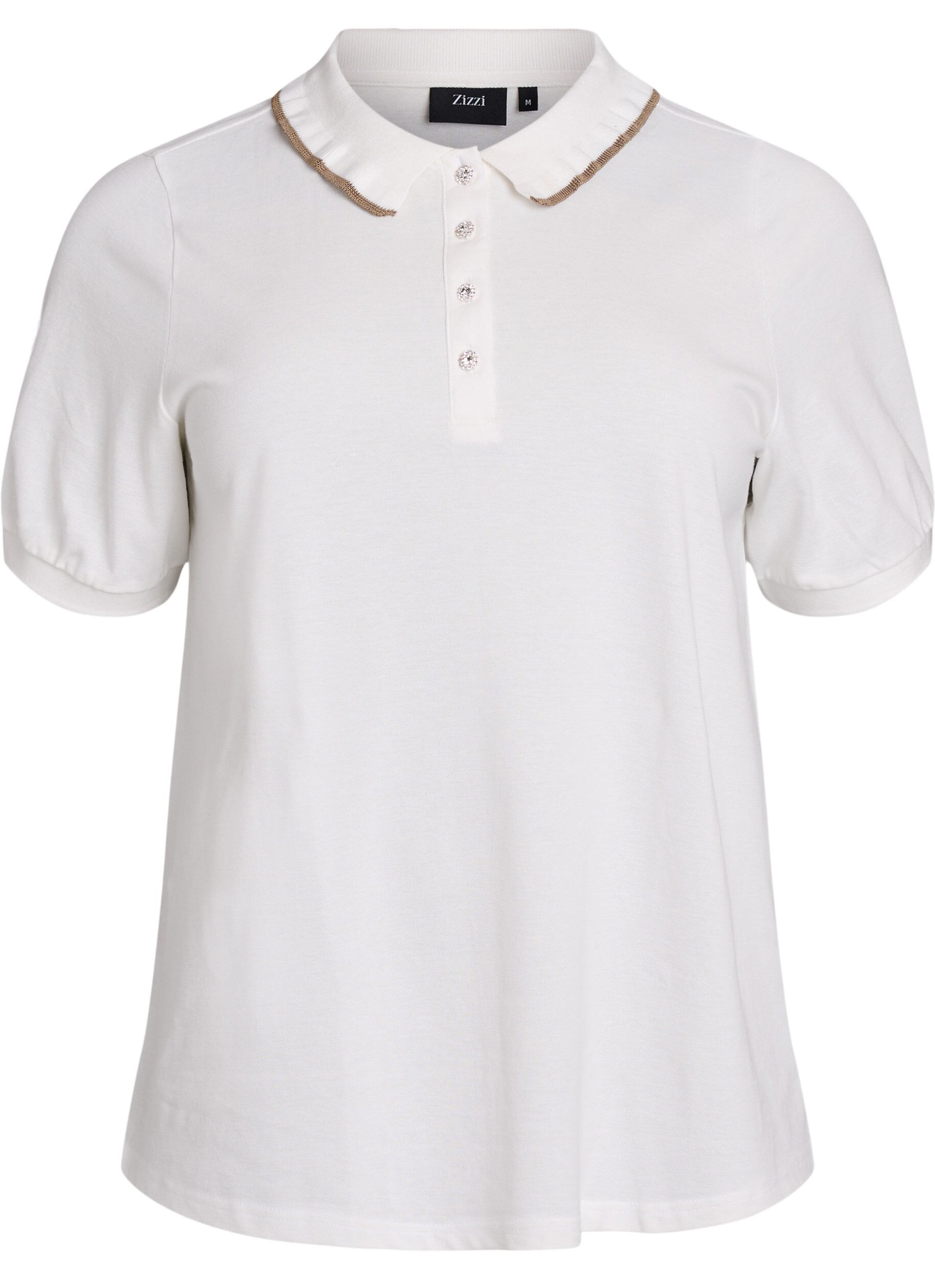 Polo shirt with rhinestone buttons and ruffle detail