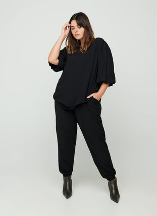 Viscose blouse with balloon sleeves, Black, Model image number 2