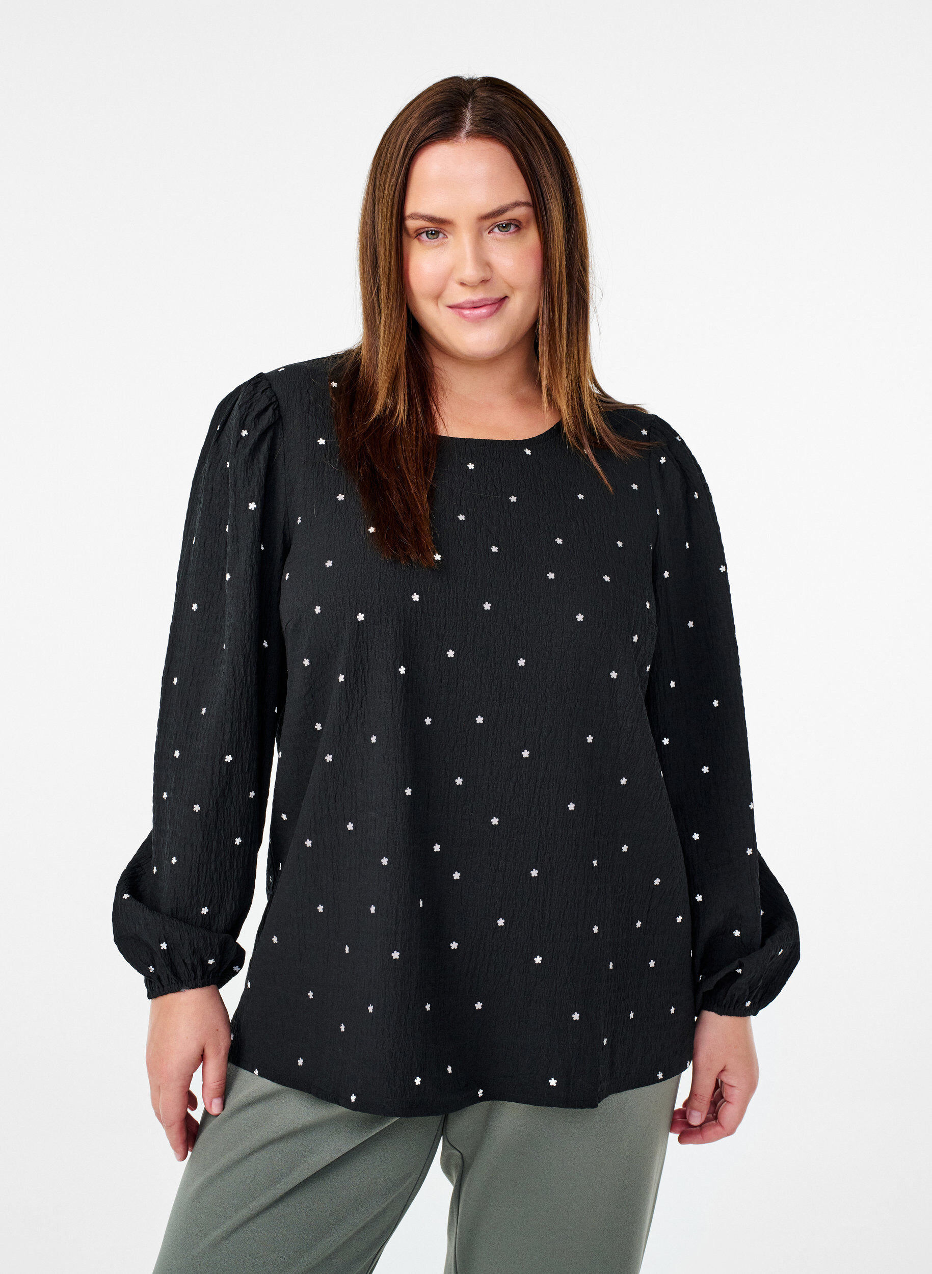 Zizzifashion FLASH - Long-sleeved blouse with small flowers, Black White Flower, Model image number 0