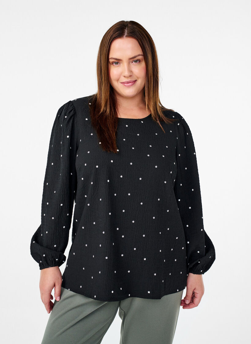 FLASH - Long-sleeved blouse with small flowers, Black White Flower, Model image number 0