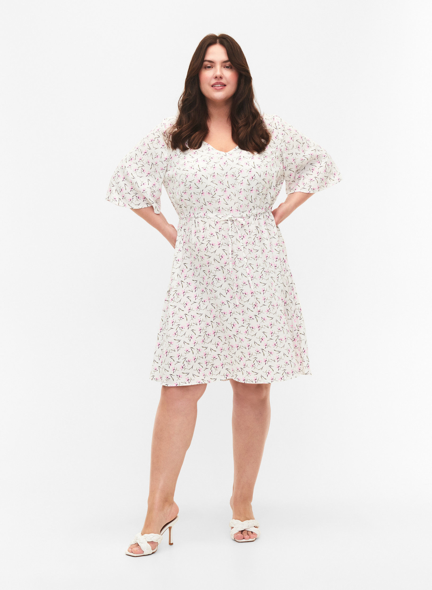 Zizzifashion Dress with 1/2 sleeves and floral print in viscose, White Purple Flower, Model image number 2