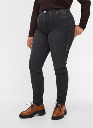 High-waisted Amy jeans with studs in the side seams, Dark Grey Denim, Model image number 2