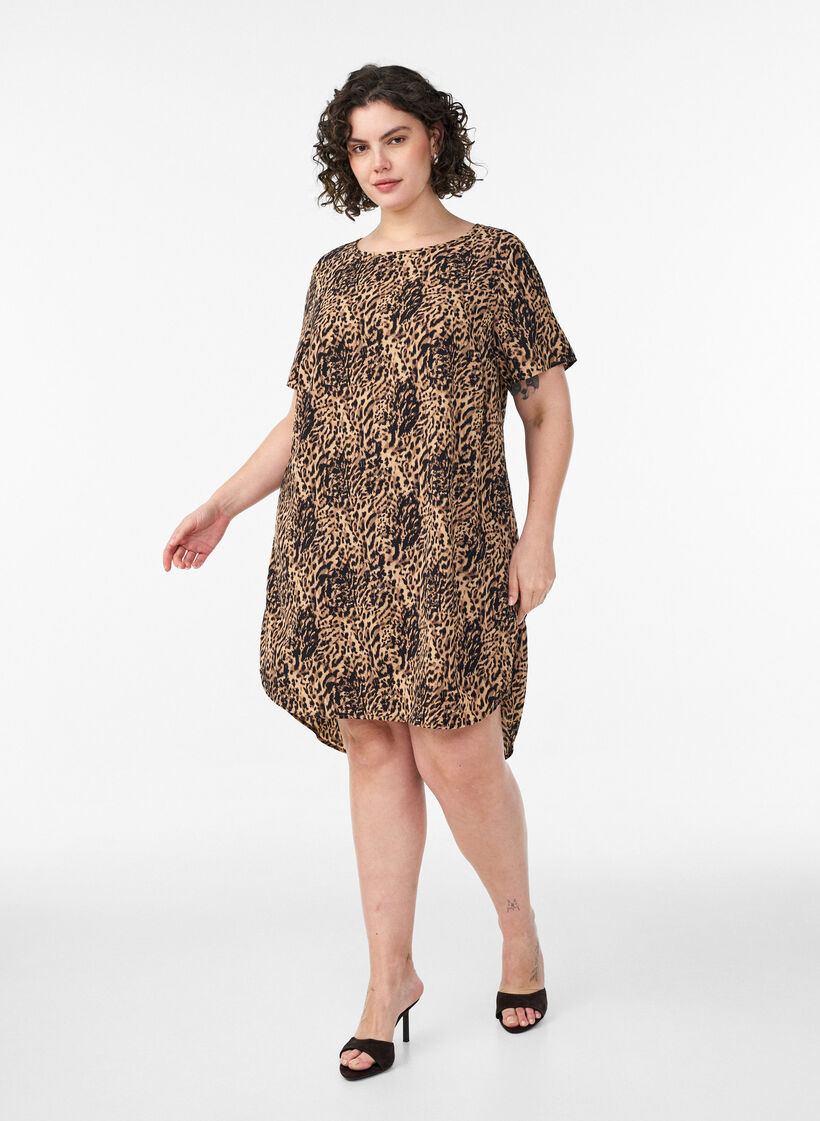 Dress with print and short sleeves, Brown, Model image number 0