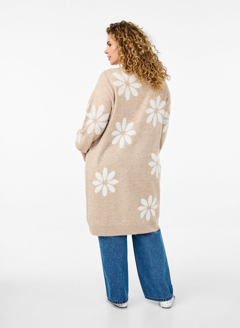 Long knitted cardigan with flowers, Simply Taupe Comb, Model image number 1
