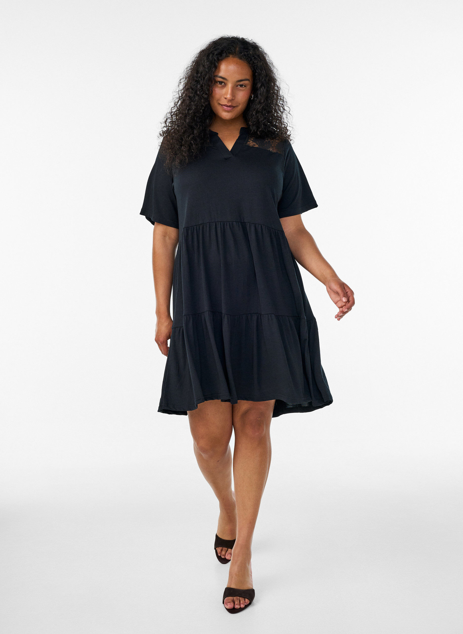 Zizzifashion Jersey dress with lace details and a layered skirt, Black, Model image number 1