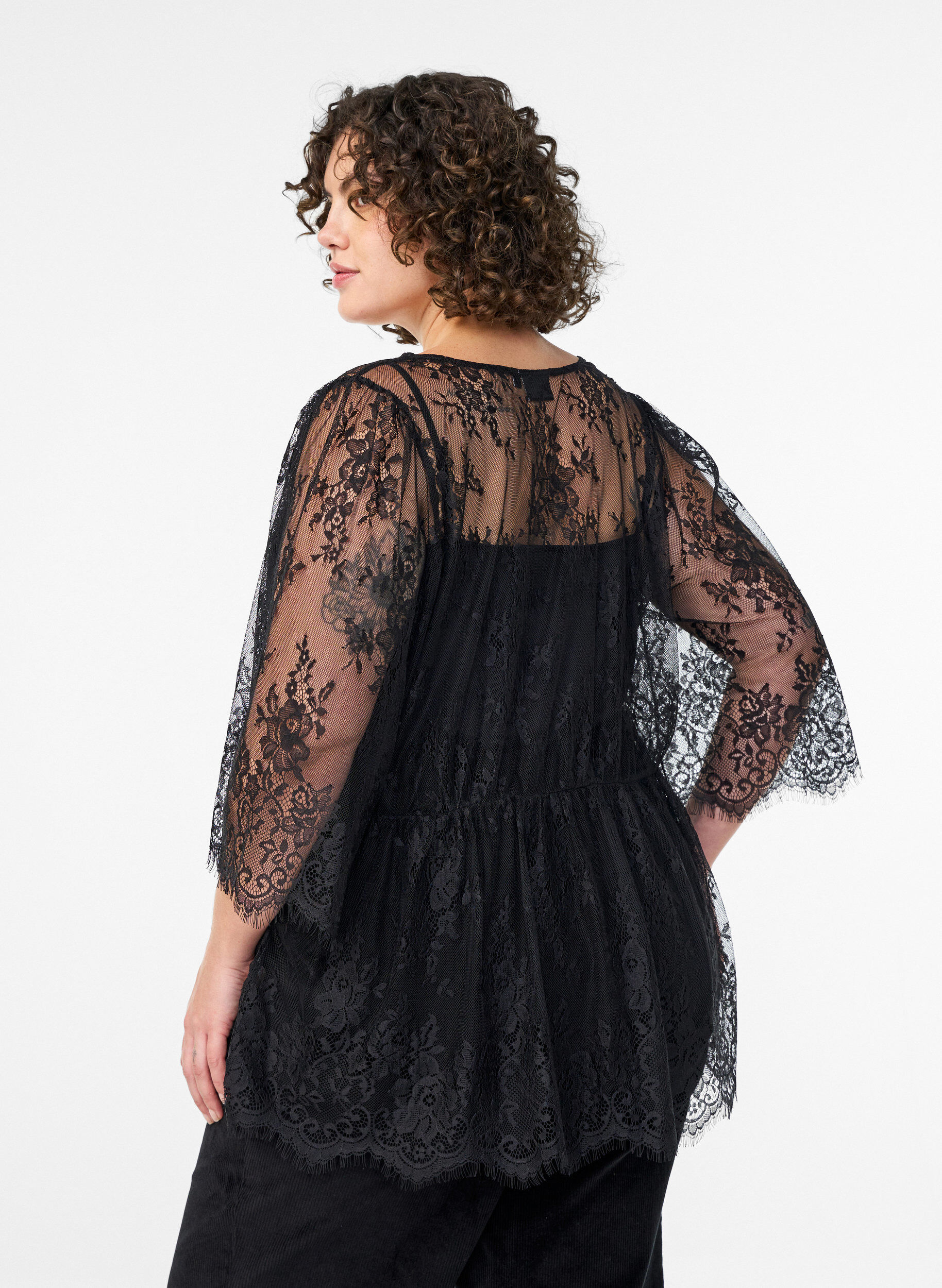 Zizzifashion Lace top with tie detail and 3/4 sleeves, Black, Model image number 2