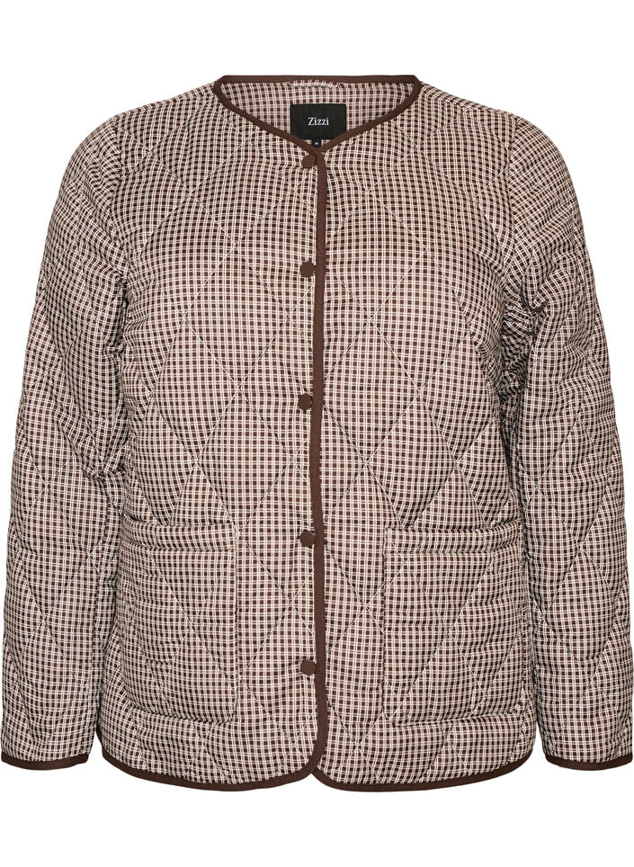 Quilted jacket with small checks and contrast trim, Brown, Packshot image number 0