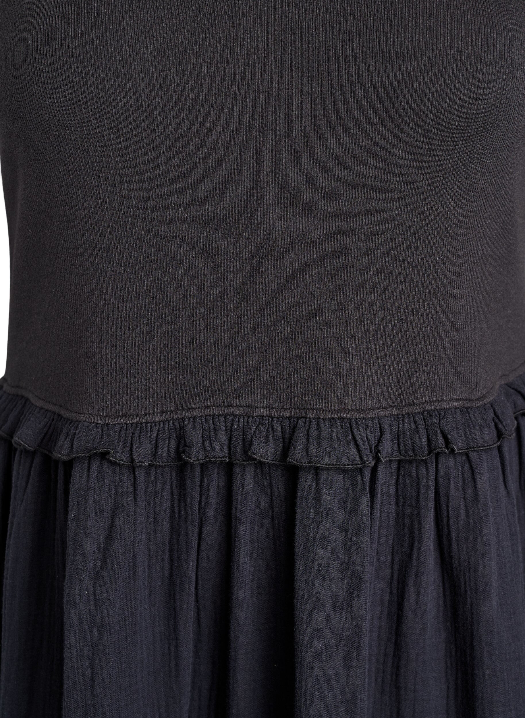 Zizzifashion Sleeveless cotton midi dress with rib and muslin, Black, Packshot image number 2