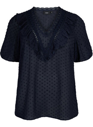 Blouse with short sleeves and dotted structure, Night Sky, Packshot image number 0