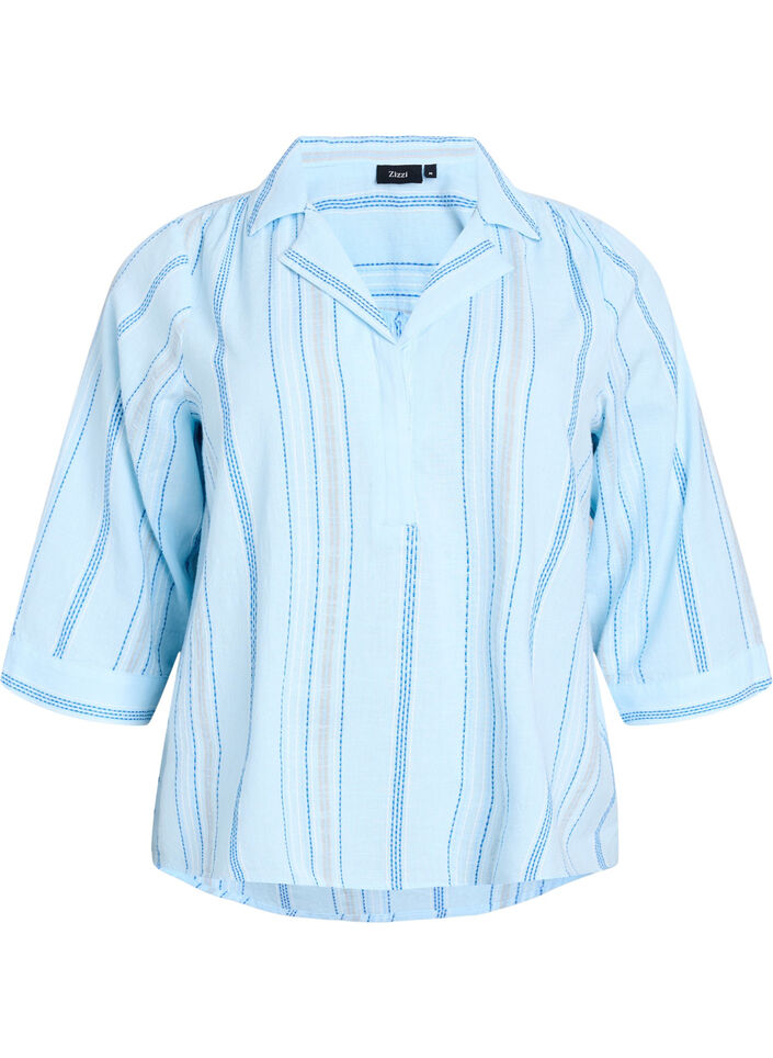 Blouse with collar and 3/4 sleeves, Light Blue, Packshot image number 0