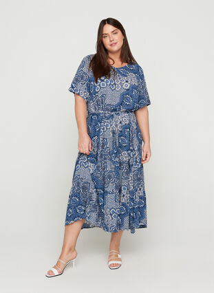 Short-sleeved midi dress in viscose, Asian Blue Print, Model image number 0