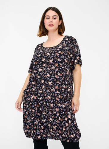 Short-sleeved viscose dress with print, Black Small Flower, Model image number 0