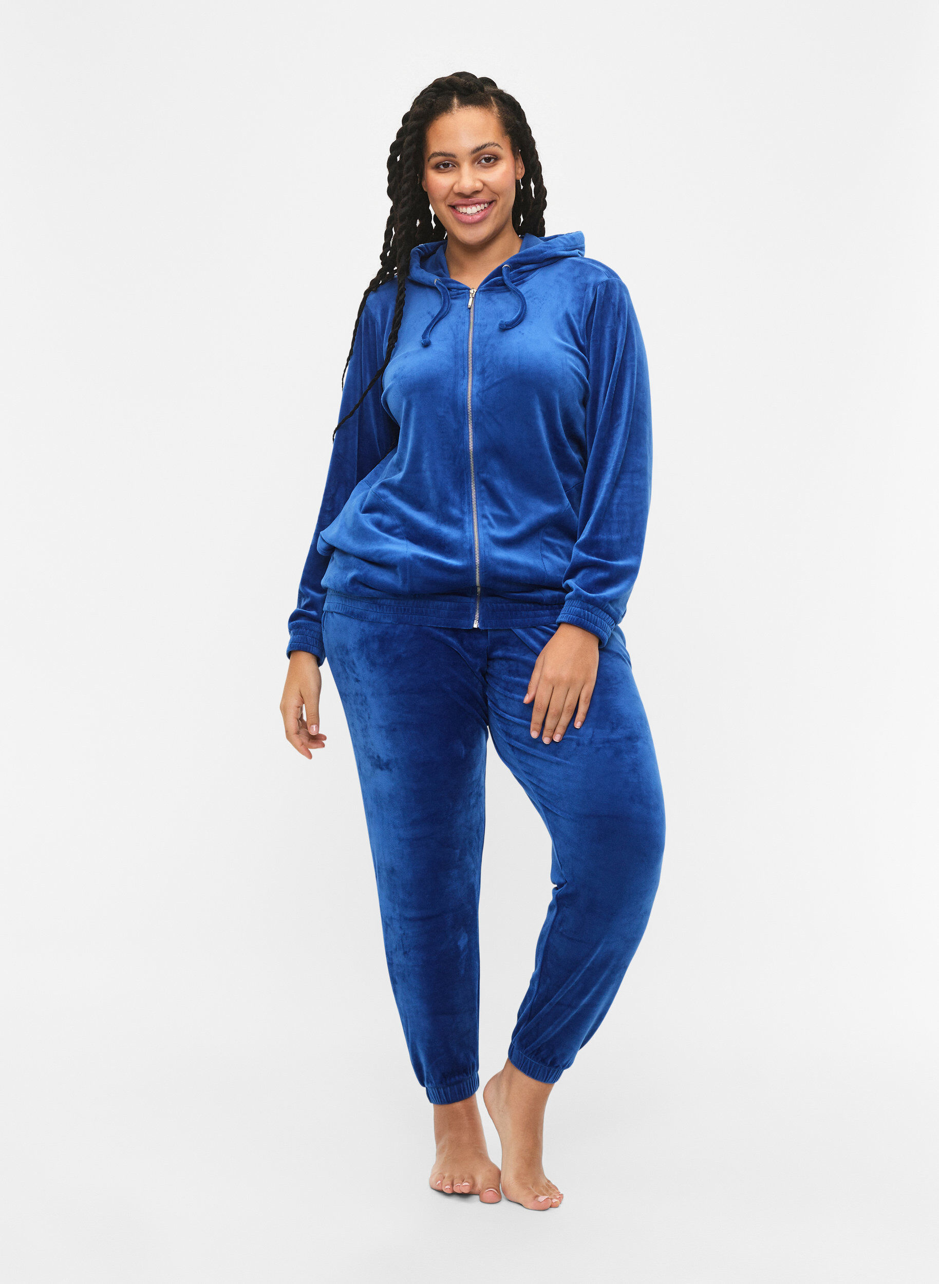 Zizzifashion Velour cardigan with zip and hood, Blue, Model image number 1