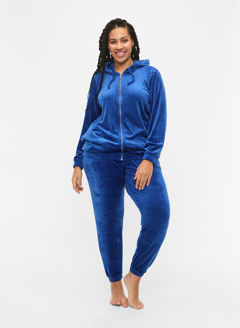 Velour cardigan with zipper and hood, Blue, Model image number 1