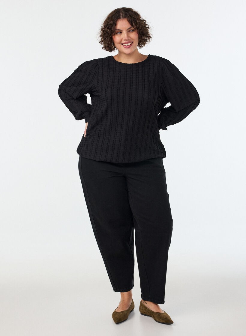 Textured jersey blouse with a balloon silhouette, Black, Model image number 1