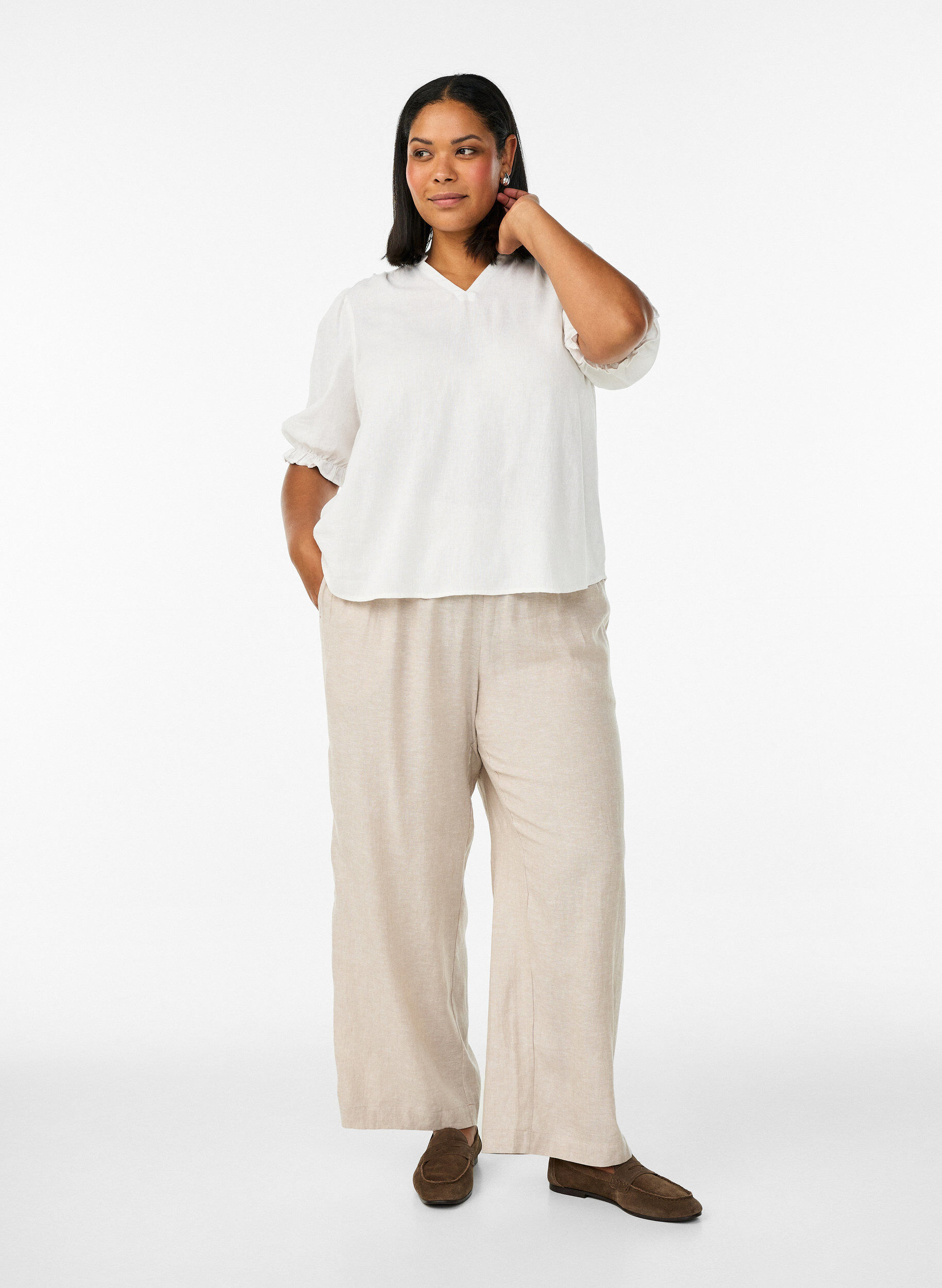 Zizzifashion Loose trousers in linen and viscose, Beige, Model image number 0