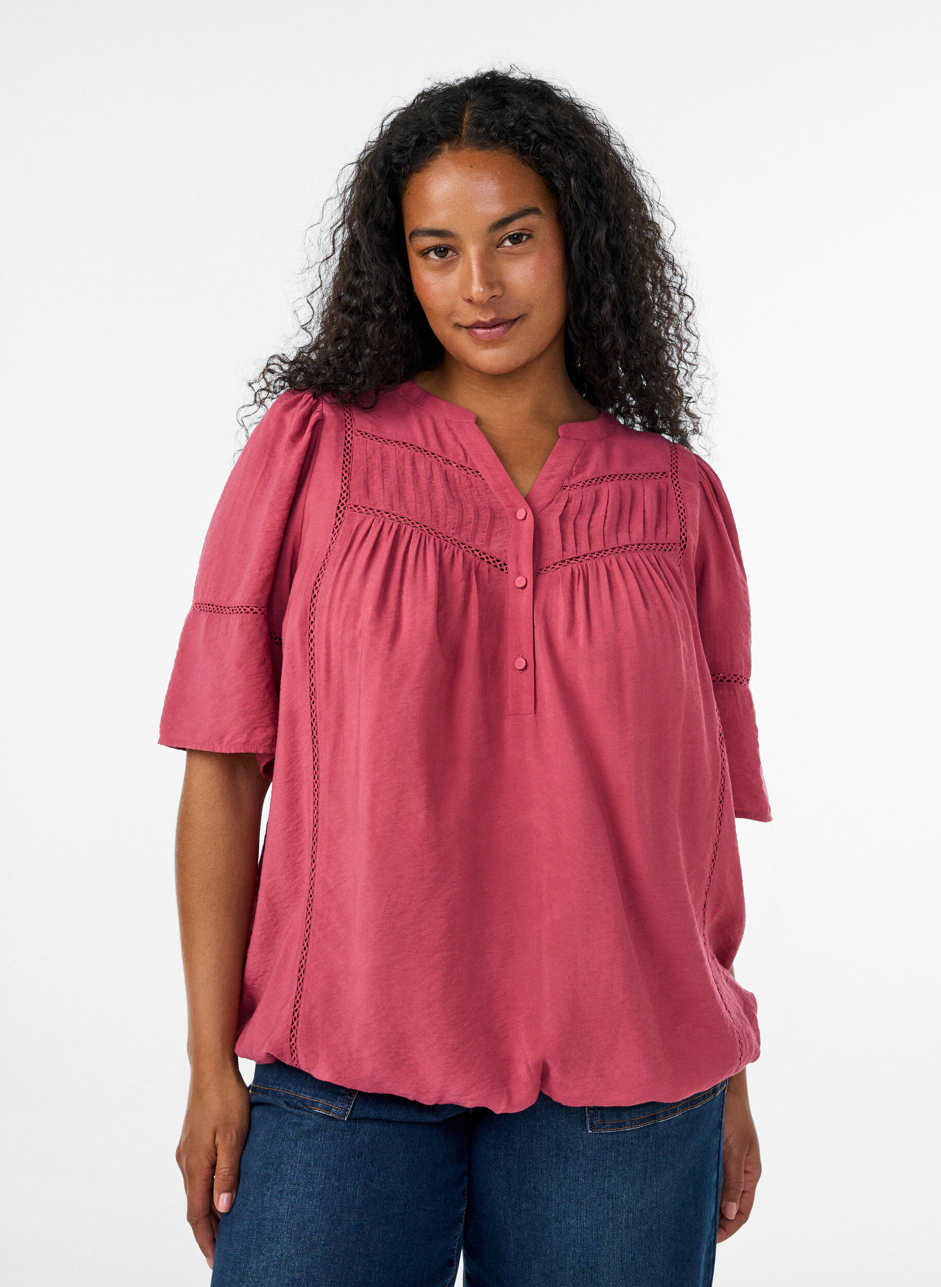 ZizzifashionViscose blouse with pintucks and balloon effect, Rose, Model image number 0