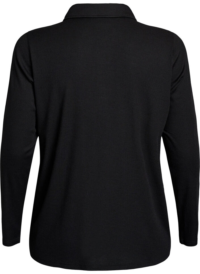 Long-sleeved polo in stretchy ribbed quality, Black, Packshot image number 1