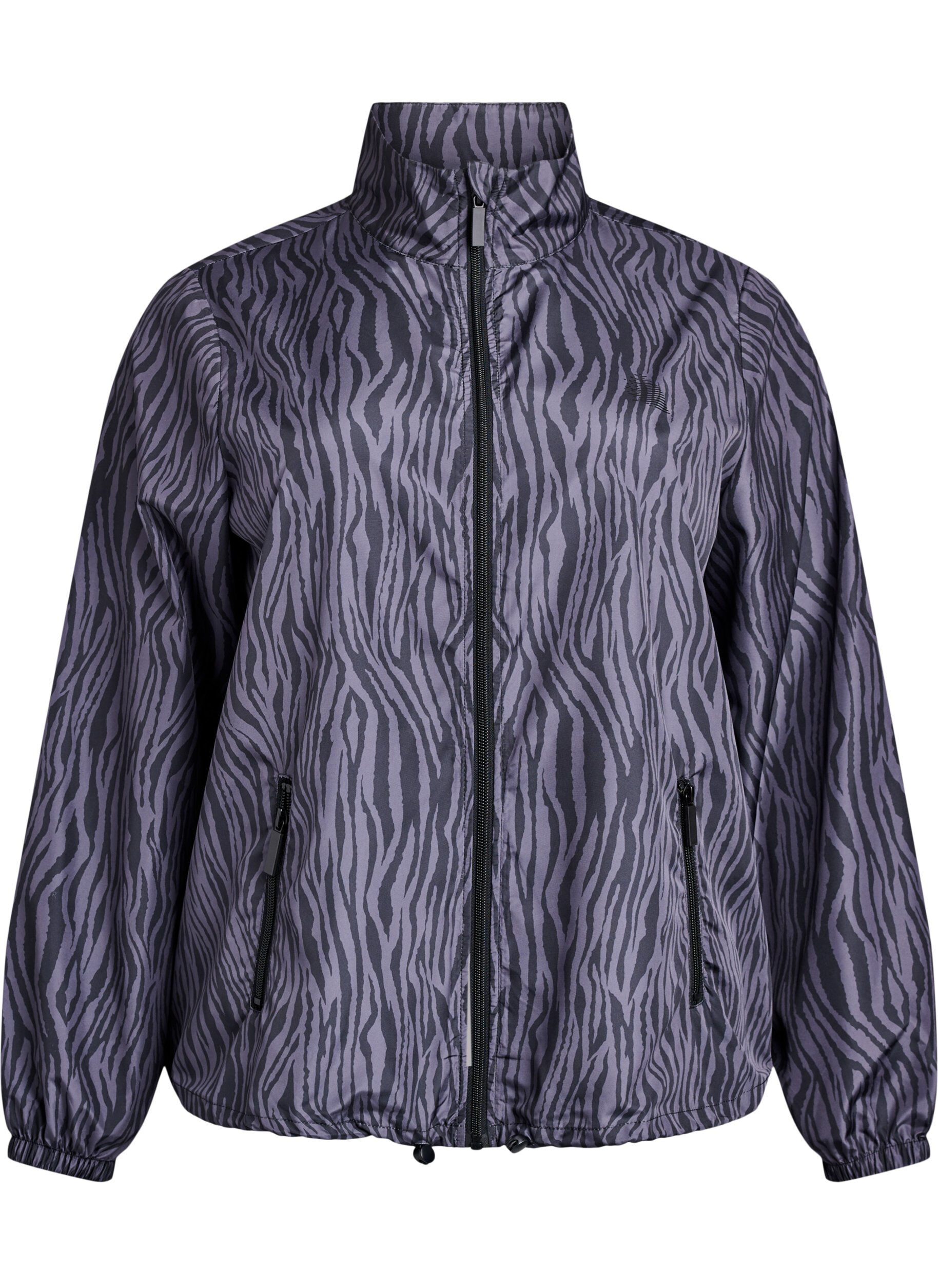 Running jacket with a high neck and adjustable hem