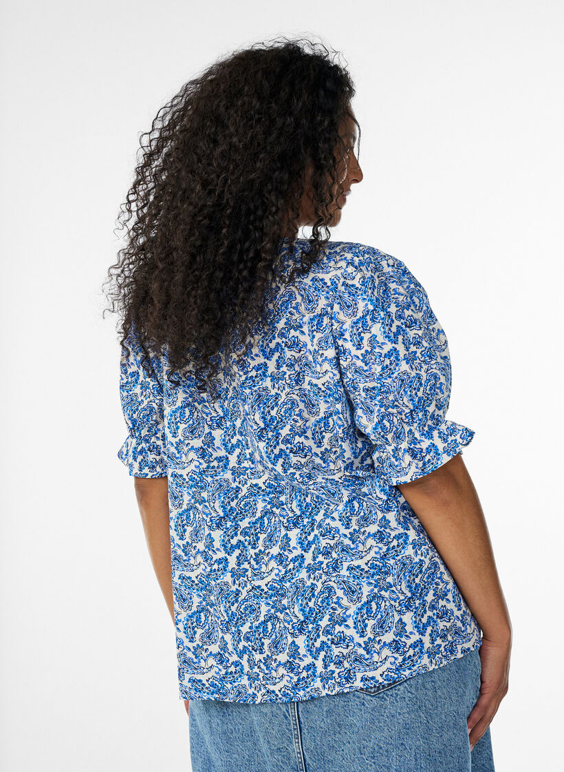 Cotton blouse with a square neckline, Blue, Model image number 2