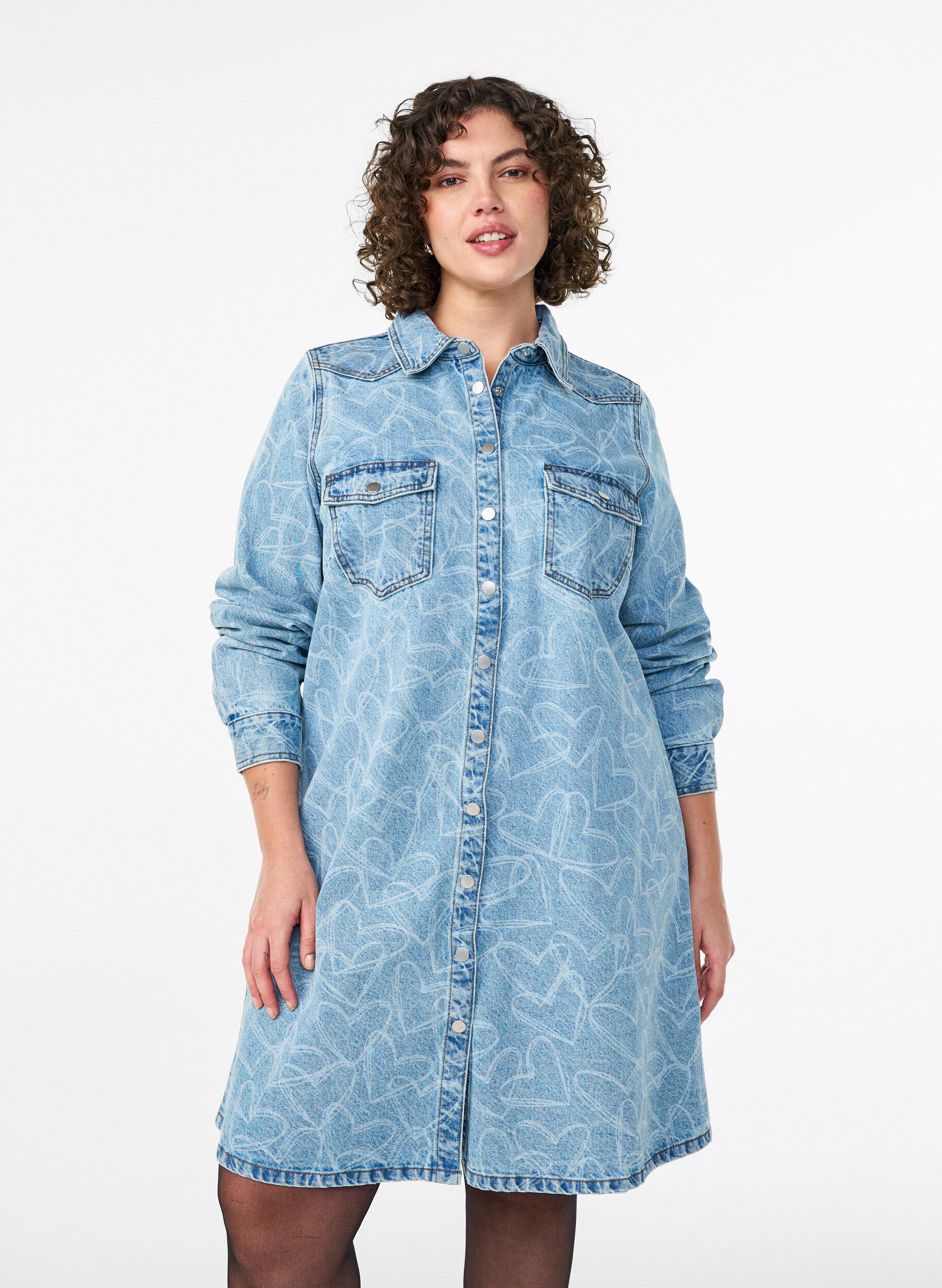Denim dress with heart pattern, Light Blue, Model