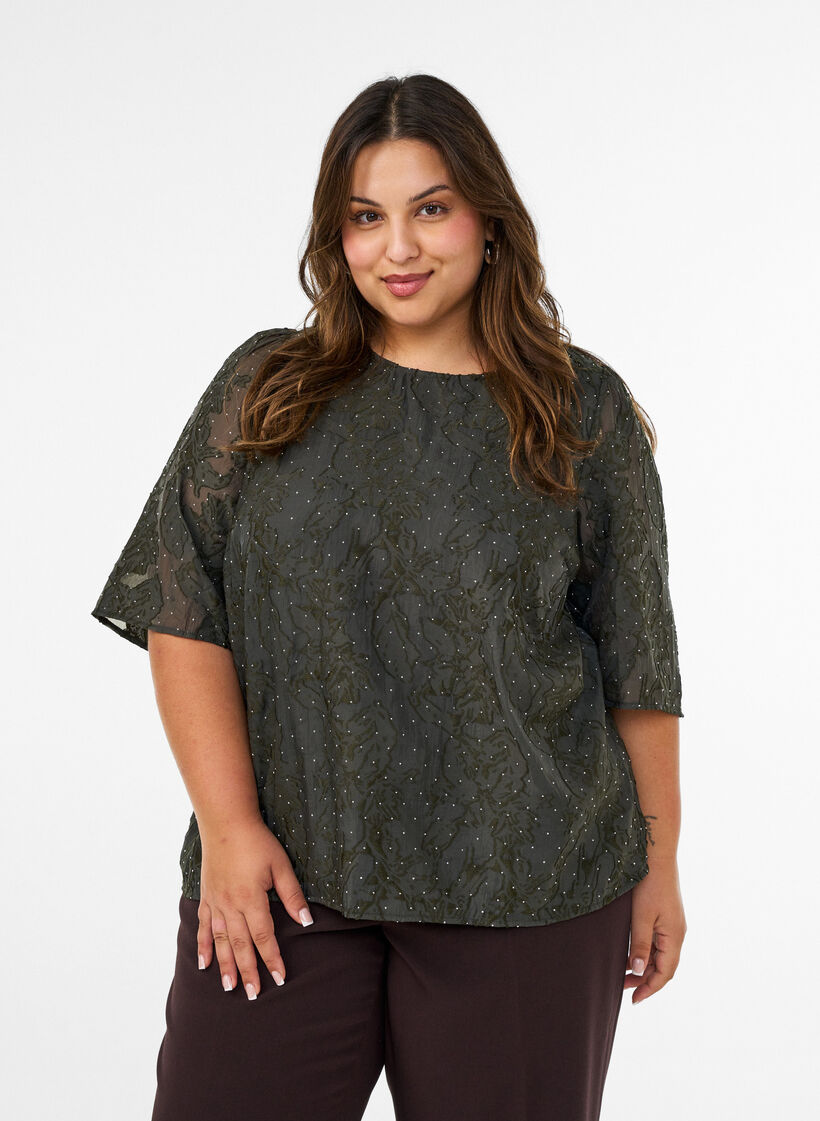 Jacquard blouse with sparkly details and puff sleeves, Green, Model image number 0