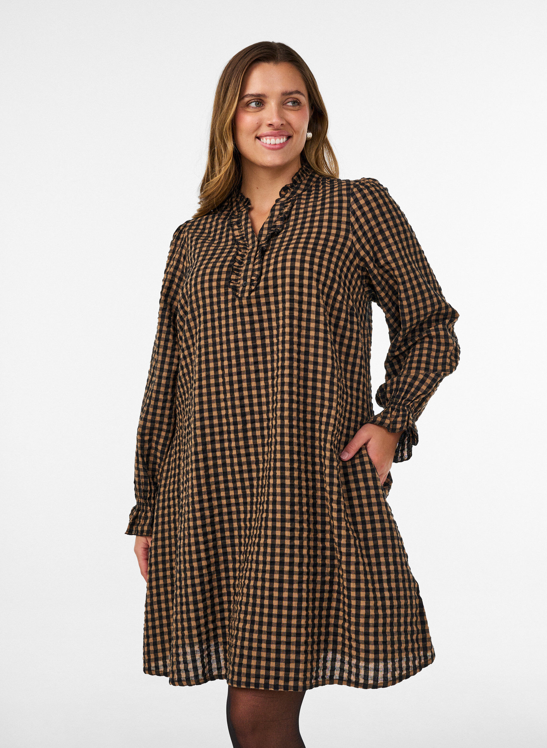 ZizzifashionChecked cotton dress with ruffle details, Brown, Model image number 0