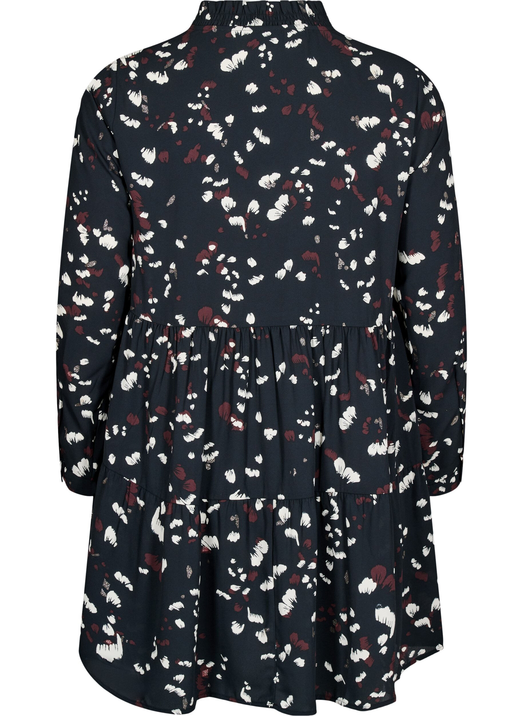 Zizzifashion Tunic with print and ruffled collar, Black AOP Print, Packshot image number 1