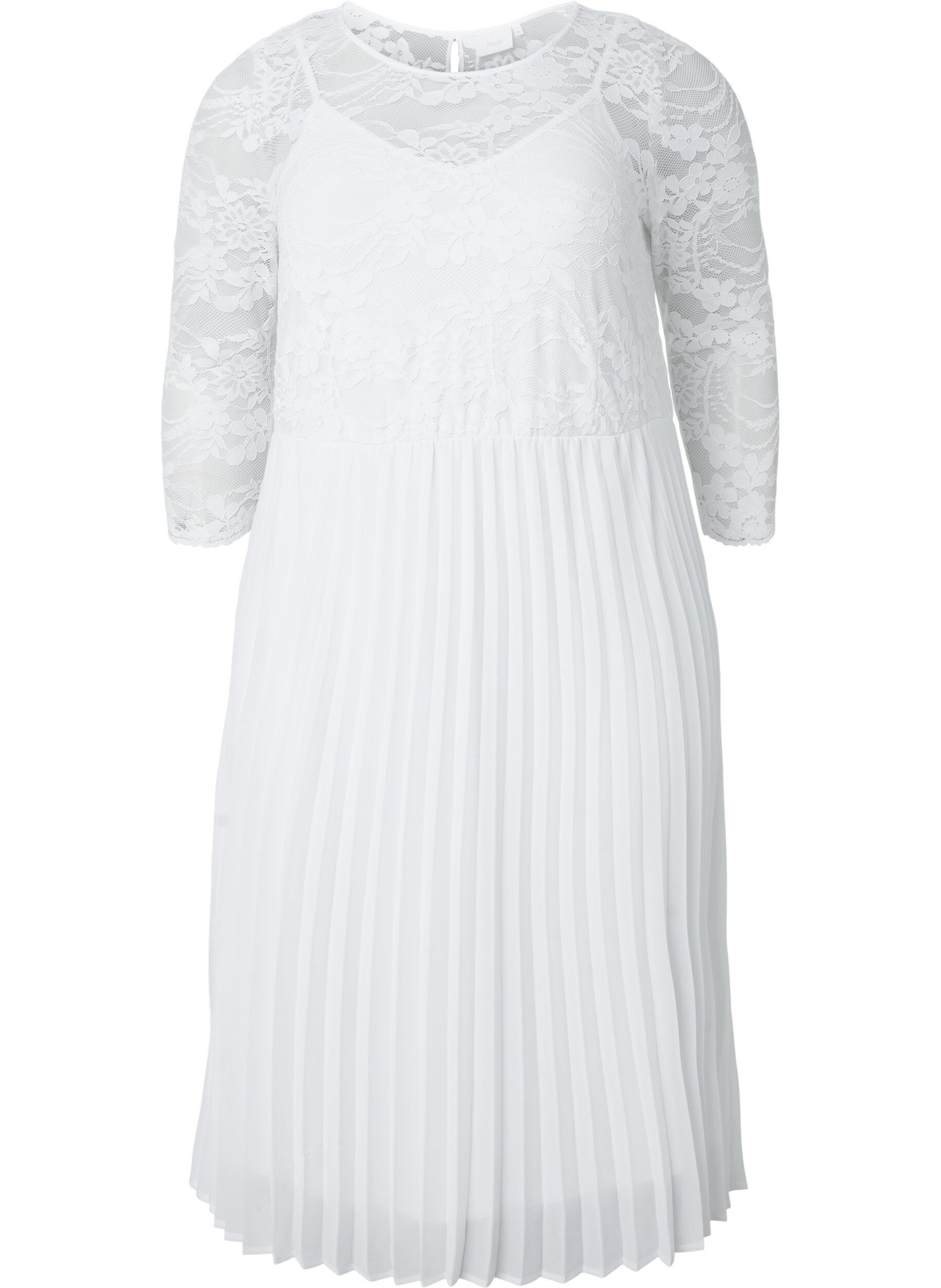 Zizzifashion Pleated dress with lace and 3/4 sleeves, Bright White, Packshot image number 0