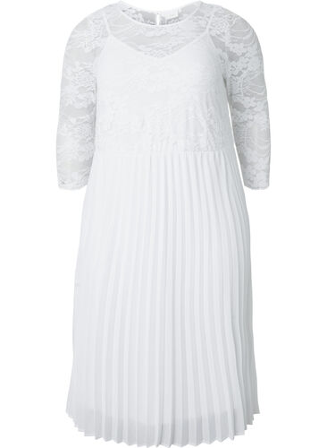 Pleated dress with lace and 3/4 sleeves, Bright White, Packshot image number 0