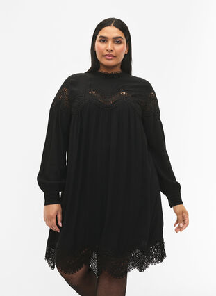 Dress in viscose with embroidered details, Black, Model image number 0