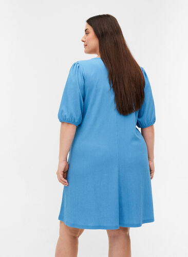 Dress with puff sleeves and V-neck, Azure Blue, Model image number 1