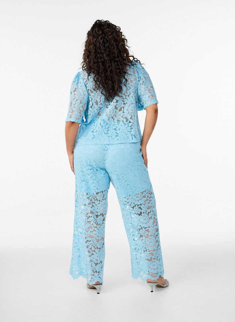 High-waisted lace trousers with straight legs, Blue, Model image number 1